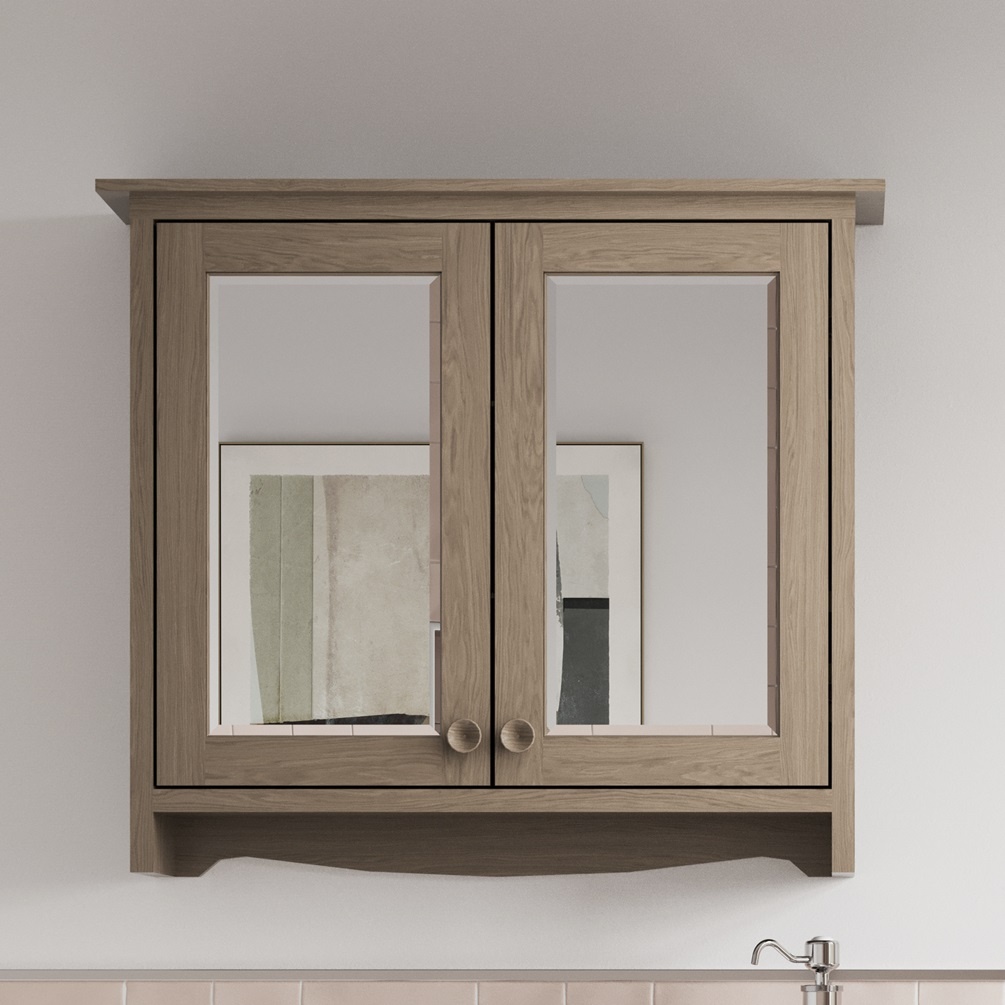 Product lifestyle image of burlington guild 650mm dark oak wall mounted bathroom mirror cabinet GU6557DOK_CAB